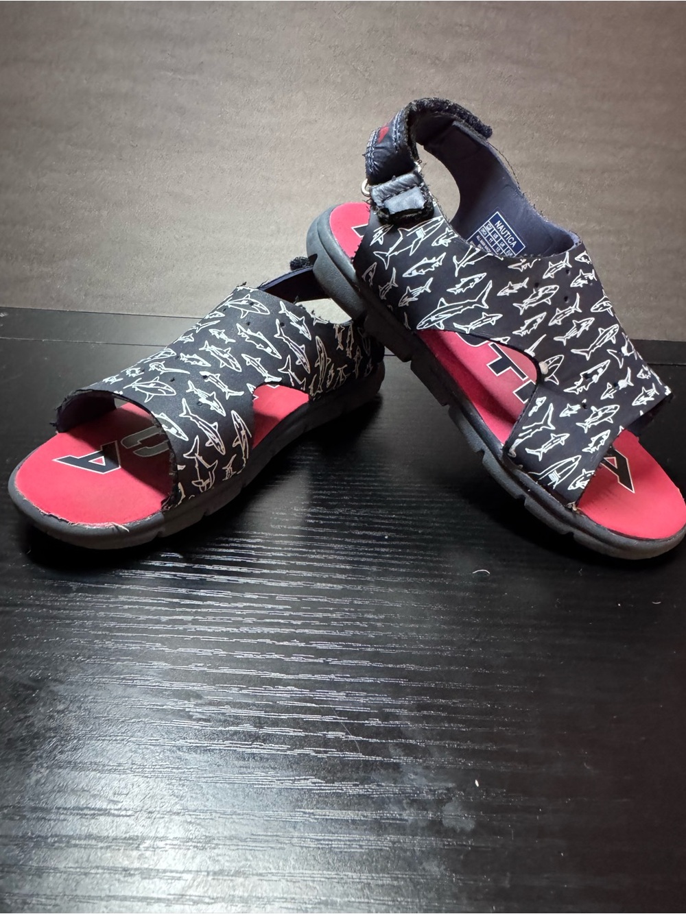 Nautica Kids Black Shark-Print Sandals with Red Footbed